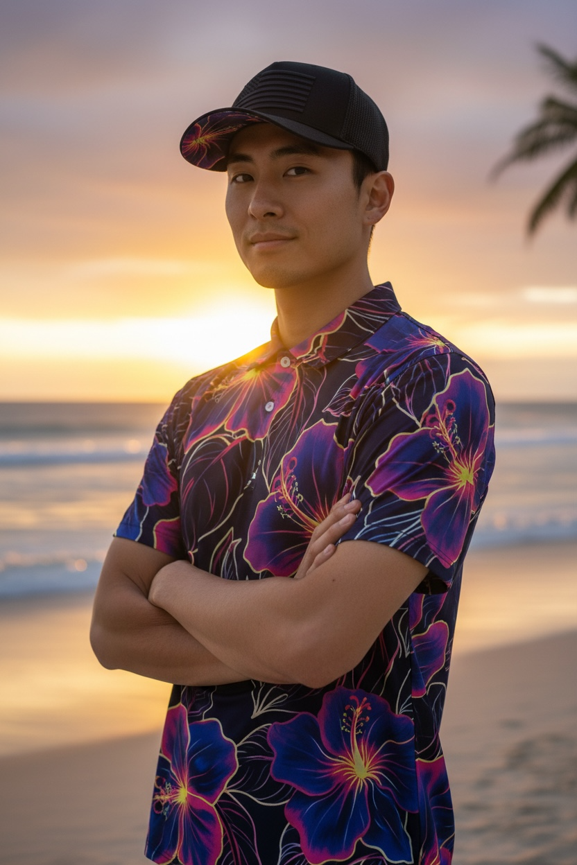 Neon Hibiscus Polo