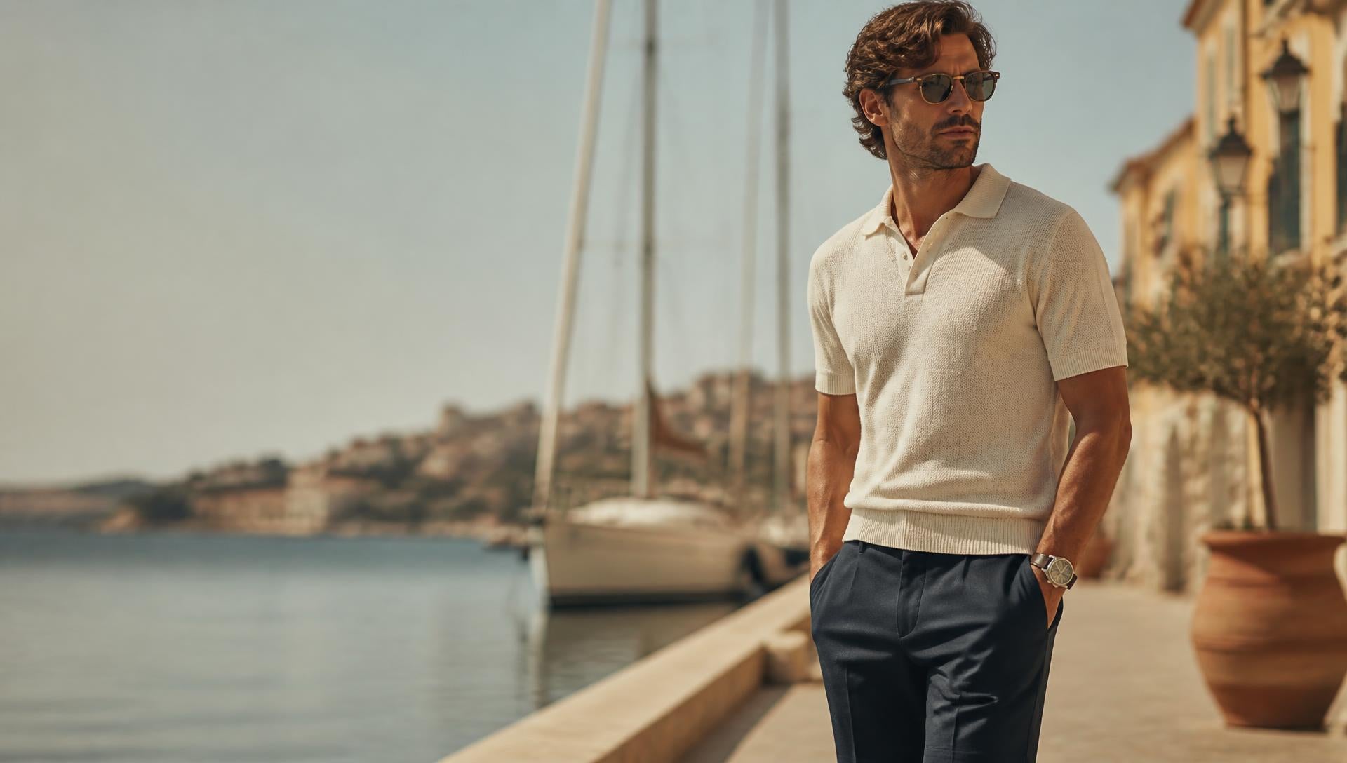 Grace&Luxco menswear on a sunlit marina boardwalk