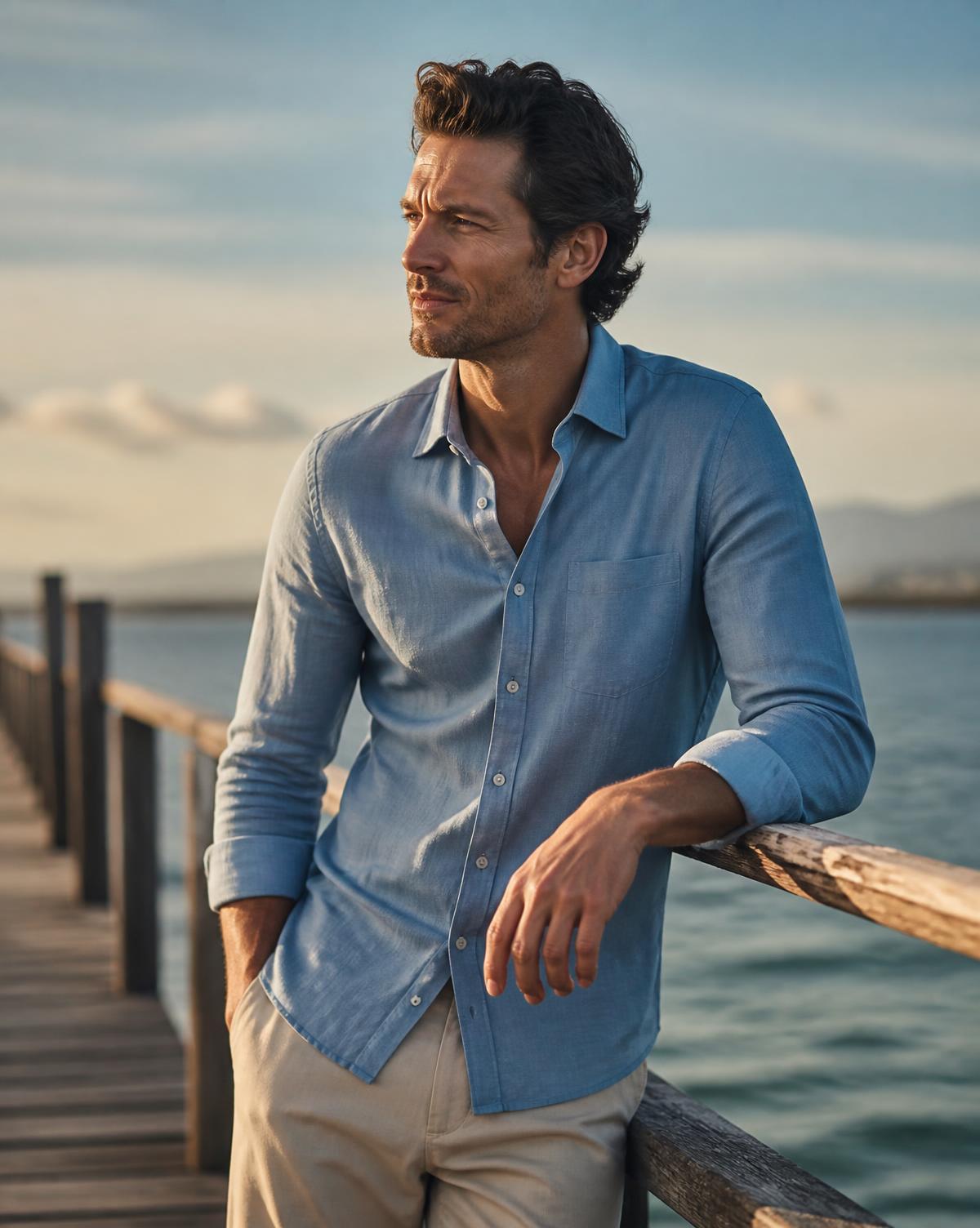 Man in a blue coastal shirt on a dock at golden hour