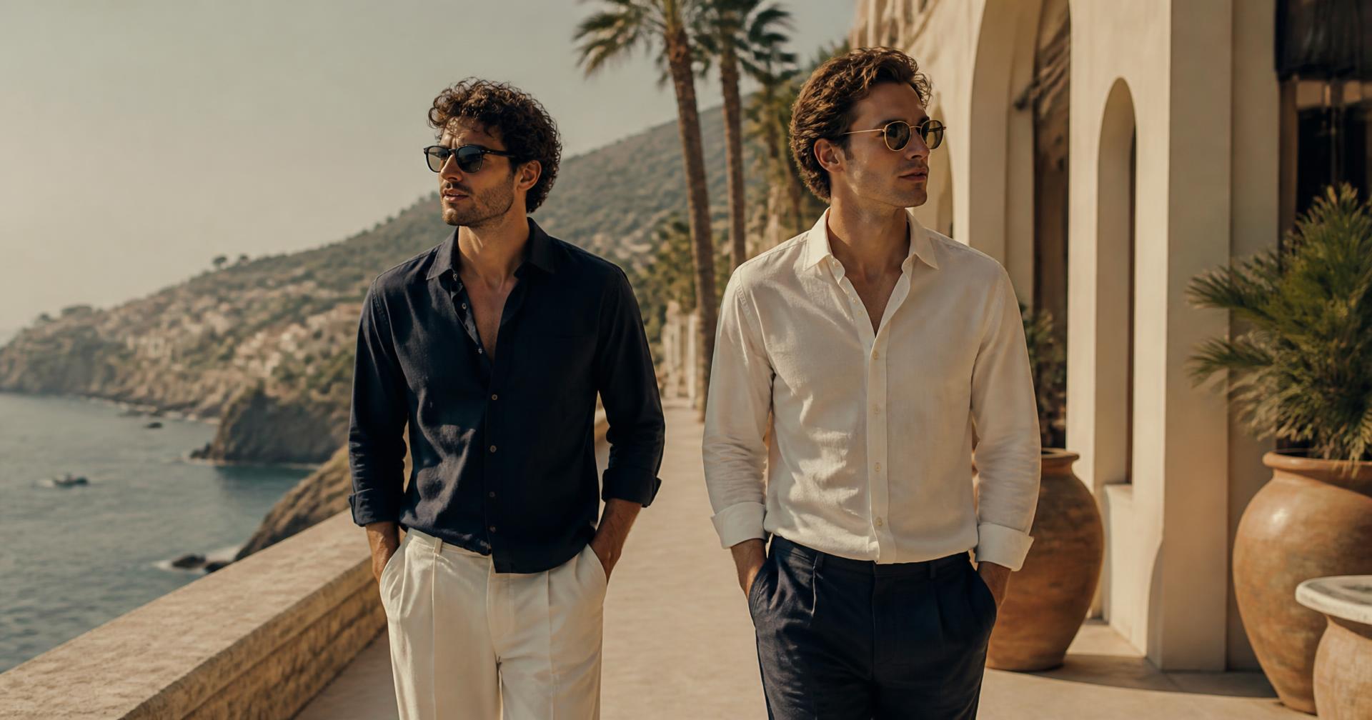 Two men in coastal menswear on a sunlit seaside promenade