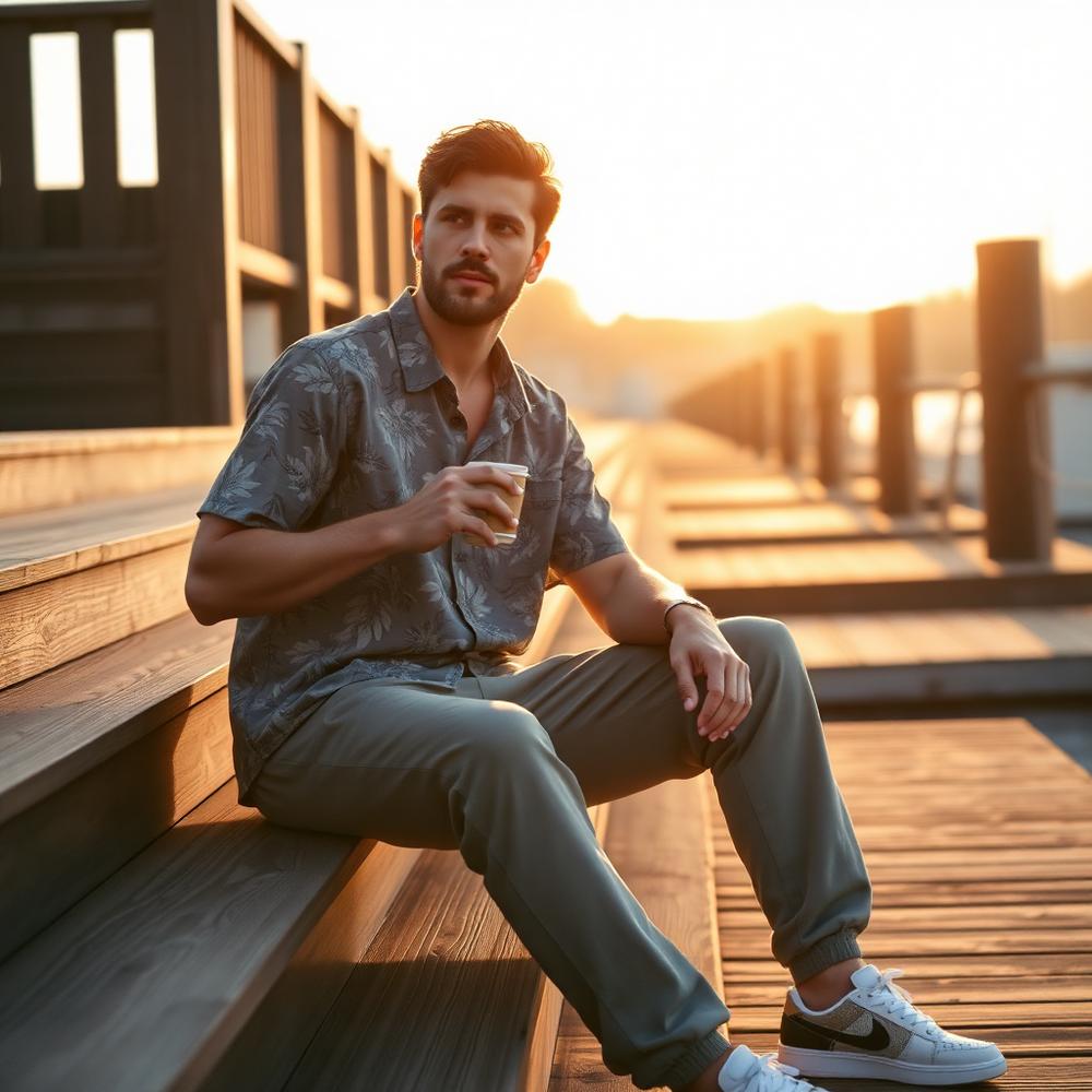 Weekend coastal menswear at golden hour